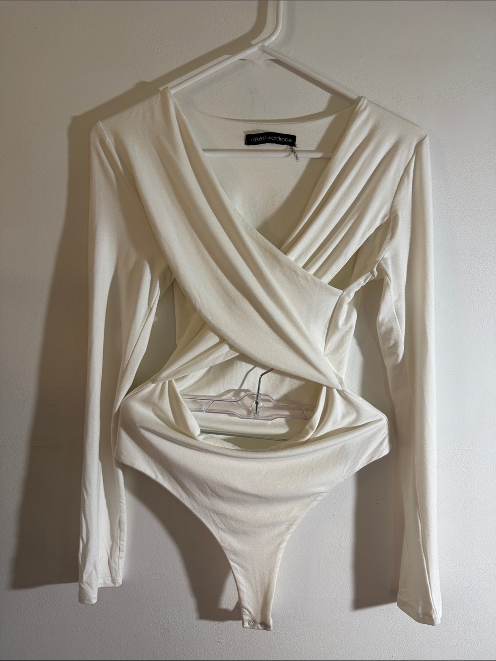 naked wardrobe white Ivory Long-Sleeve Wrap Bodysuit